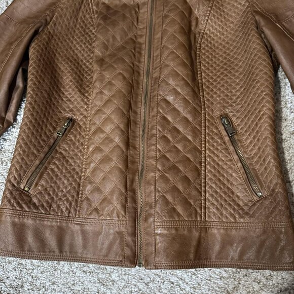 Guess Jacket Womens Medium Brown Quilted Faux Leather Moto Stand Collar Zipper - Picture 2 of 13